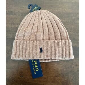 Polo Ralph Lauren Beanie Mens Camel Tan Navy Pony Wool Blend Rib Knit Cuffed NEW